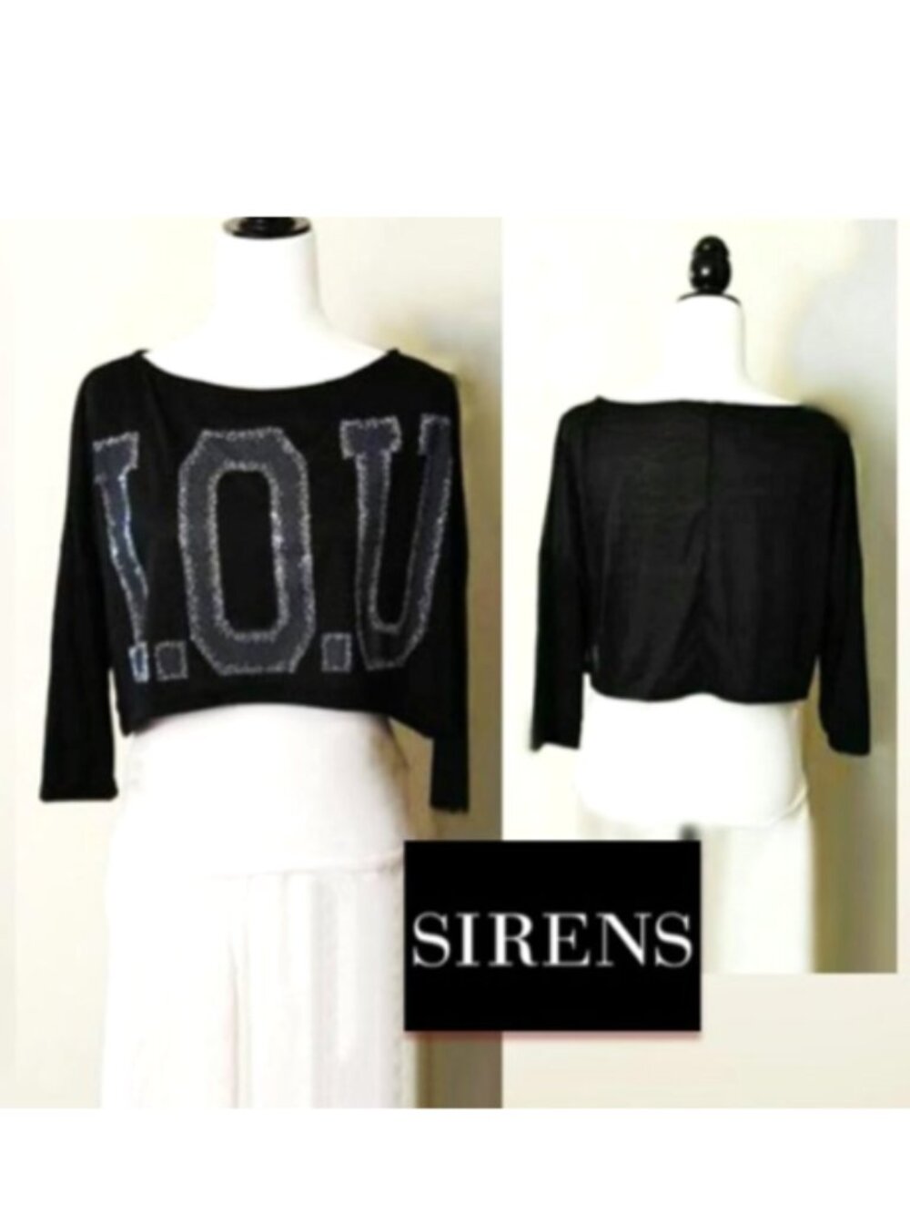 SIRENS Black Crop Tee Top w/ Grey IOU Letters Round Neck Drop Shoulder Sleeved